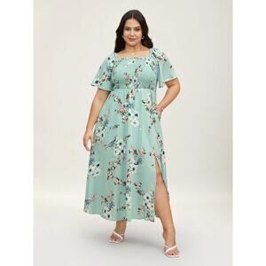 Plus Size 5X 28 BloomChic Turquoise Floral Maxi Dress Square Neck Pockets